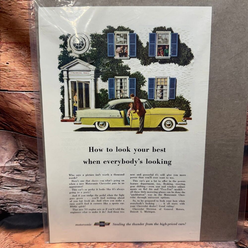 Chevrolet 1955 Motoramic Bel Air Two-Tone Ad Print Yellow White Vintage